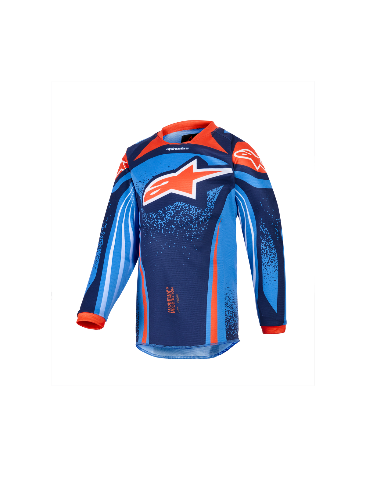 Alpinestars 2026 Kids Racer Nomur Jersey, Youth Motocross Long-Sleeve Jersey, Dark Navy, Orange, and UCLA Blue, featuring a large white and orange star logo, vibrant geometric and speckled graphics, orange collar and cuffs, performance fabric for youth motocross racing