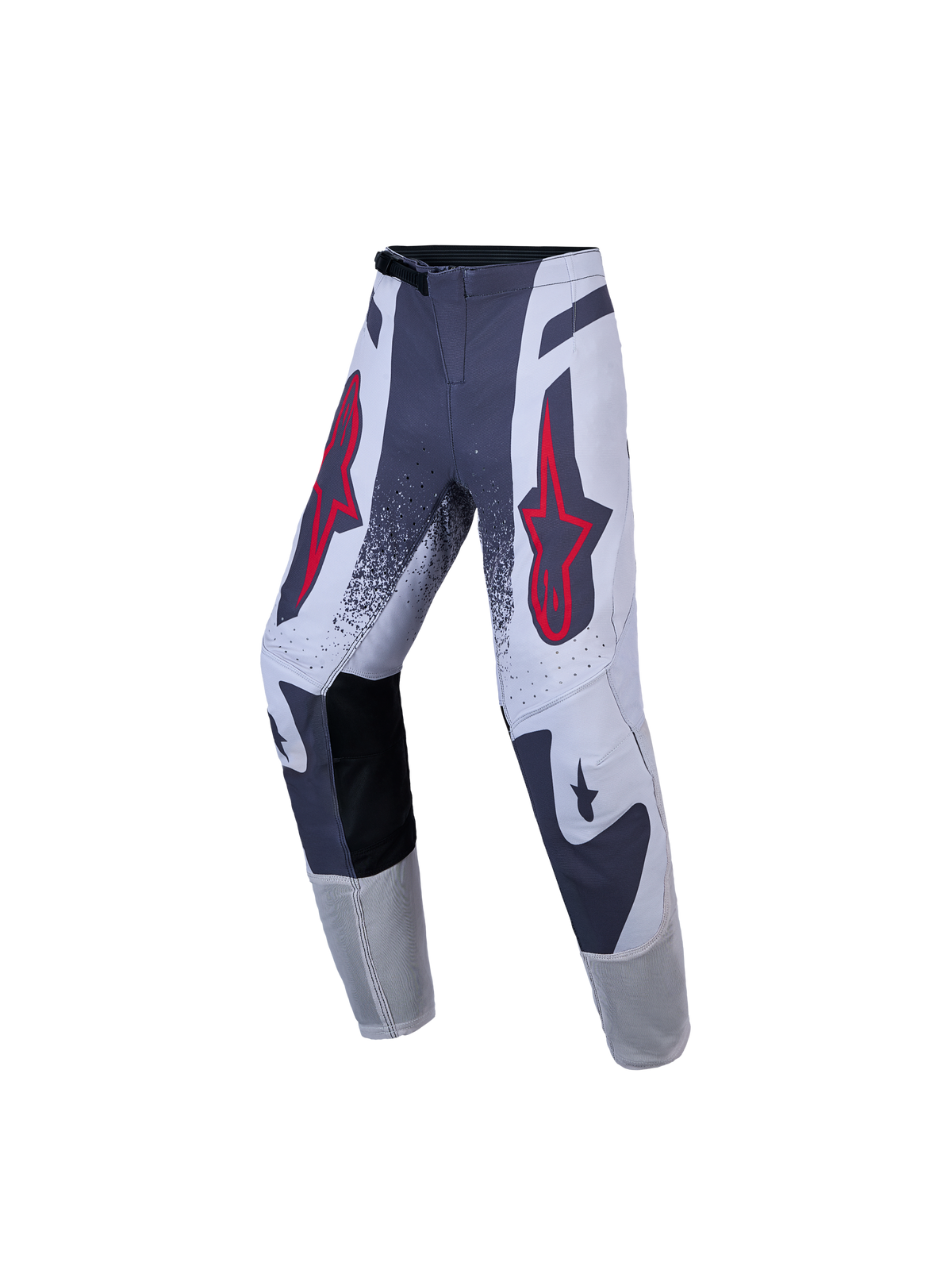 Alpinestars Jugendliche Supertech Swan Motocross-Hose, Grau und Weiß mit roten Stern-Logos, athletisches Stretch-Ripstop.