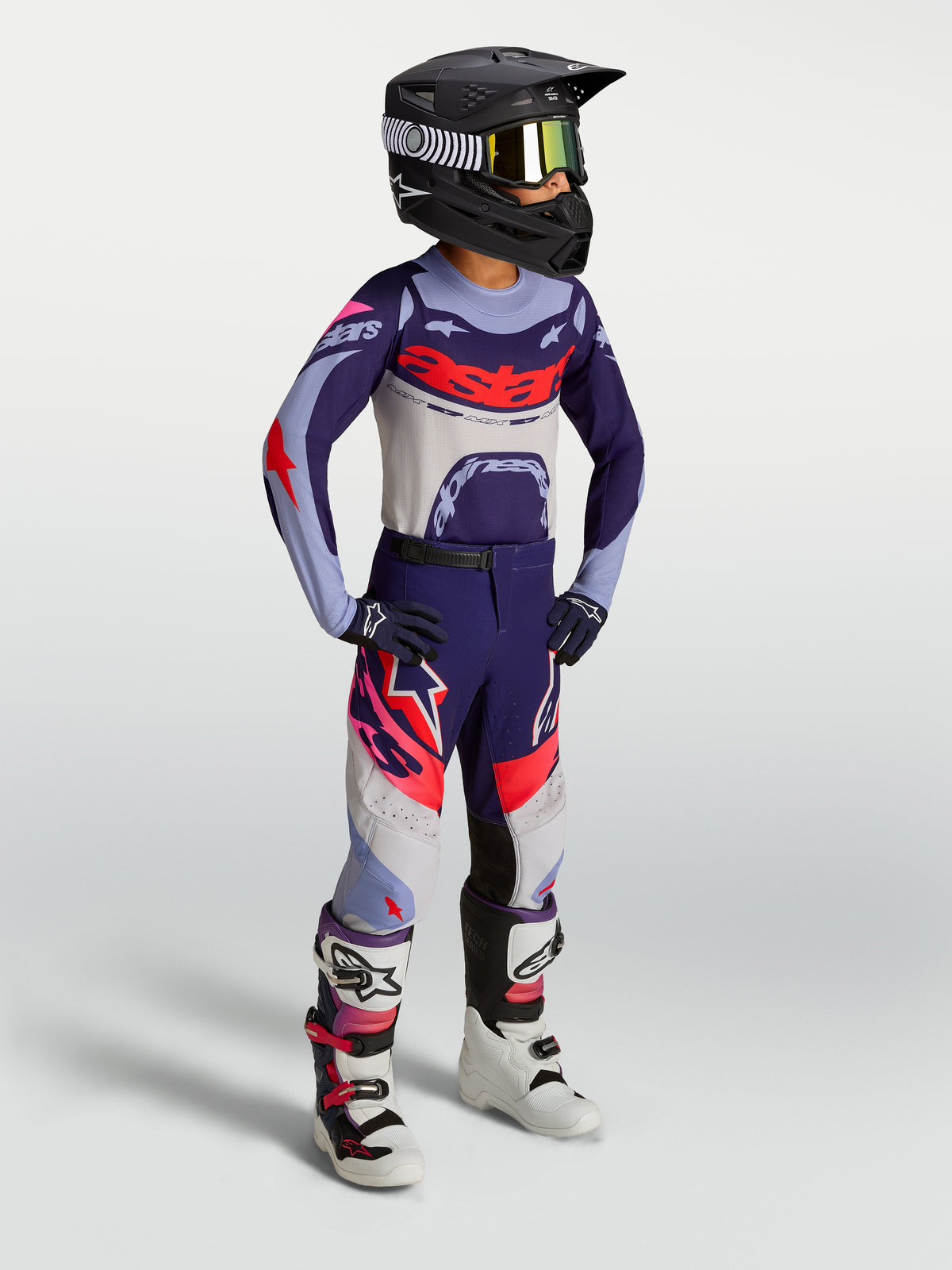 Alpinestars Youth Supertech Dyna Pants, Motocross Racing, Purple and Pink Fluo, Worn by Young Rider, Stretch Textile.