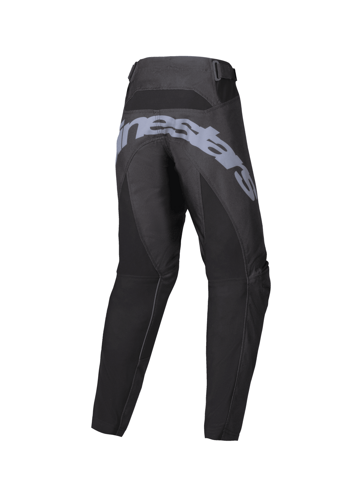 Alpinestars 2025 Youth Racer Graphite Hose, Motocross-Hose, Schwarz und Grau, Rückansicht mit großem grauem Branding auf dem Gesäß, vorgeformte ergonomische Konstruktion und verstellbare Taillenriemen für den Offroad-Einsatz