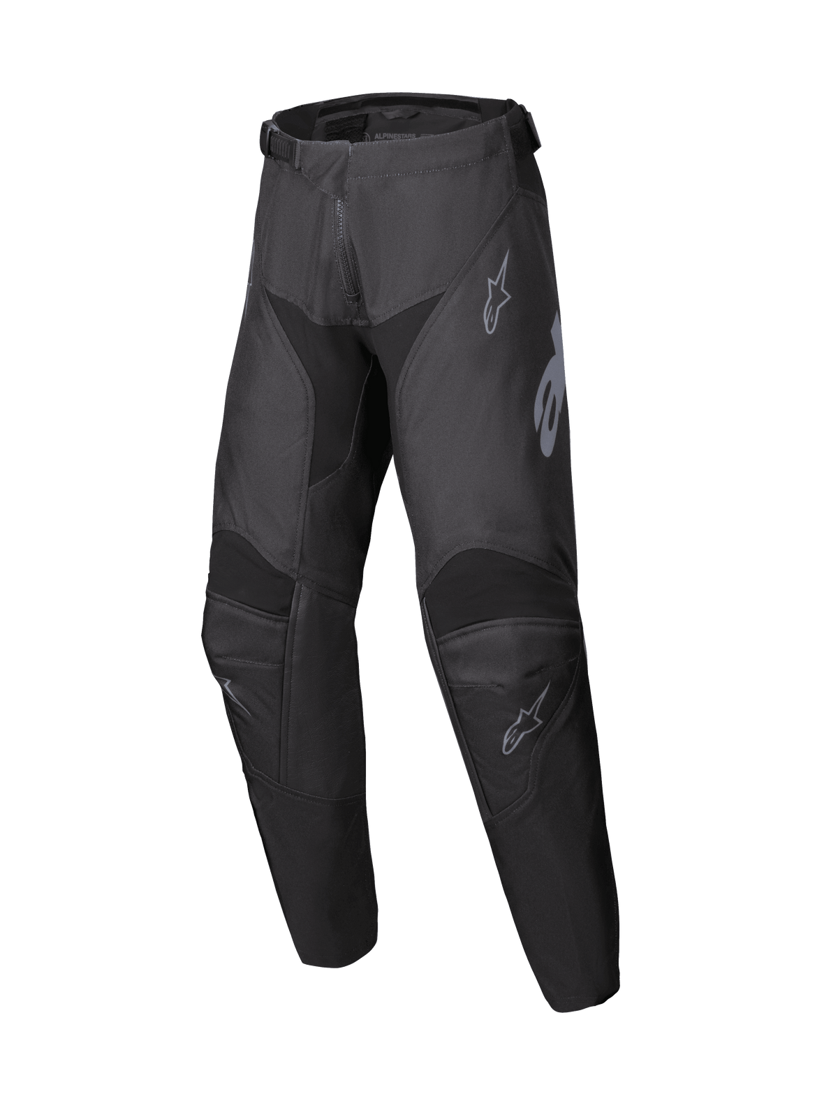 Alpinestars 2025 Youth Racer Graphite Hose, Motocross-Hose in Schwarz und Grau, Jugend-Offroad-Ausrüstung mit verstärkten Kniebereichen und dezenten grauen Logos, strapazierfähiges ergonomisches Design