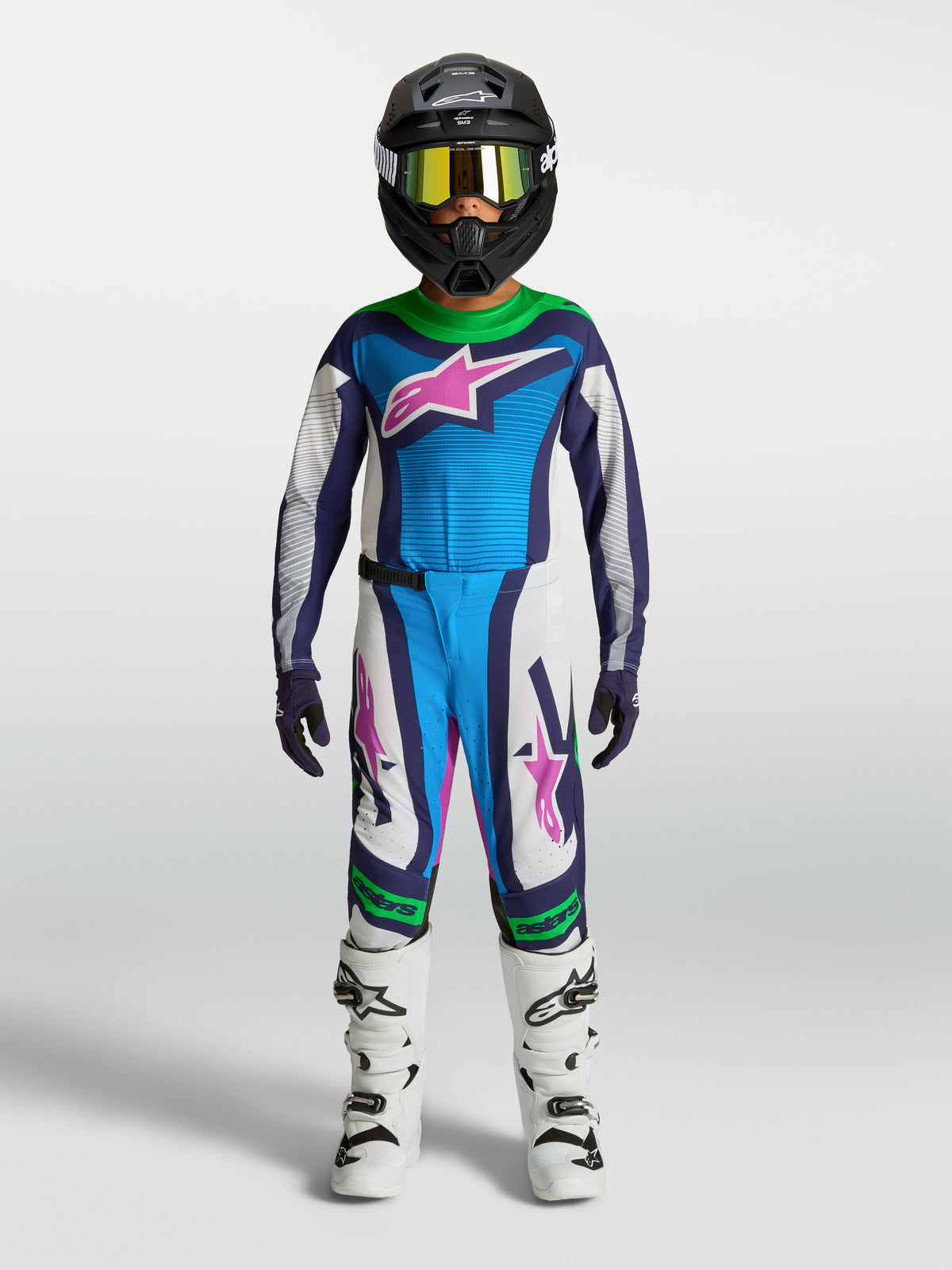 Alpinestars Youth Supertech Maven Pants and Jersey, Motocross Racing Gear, Blue and White with Green Fluo, Athletic Fit.