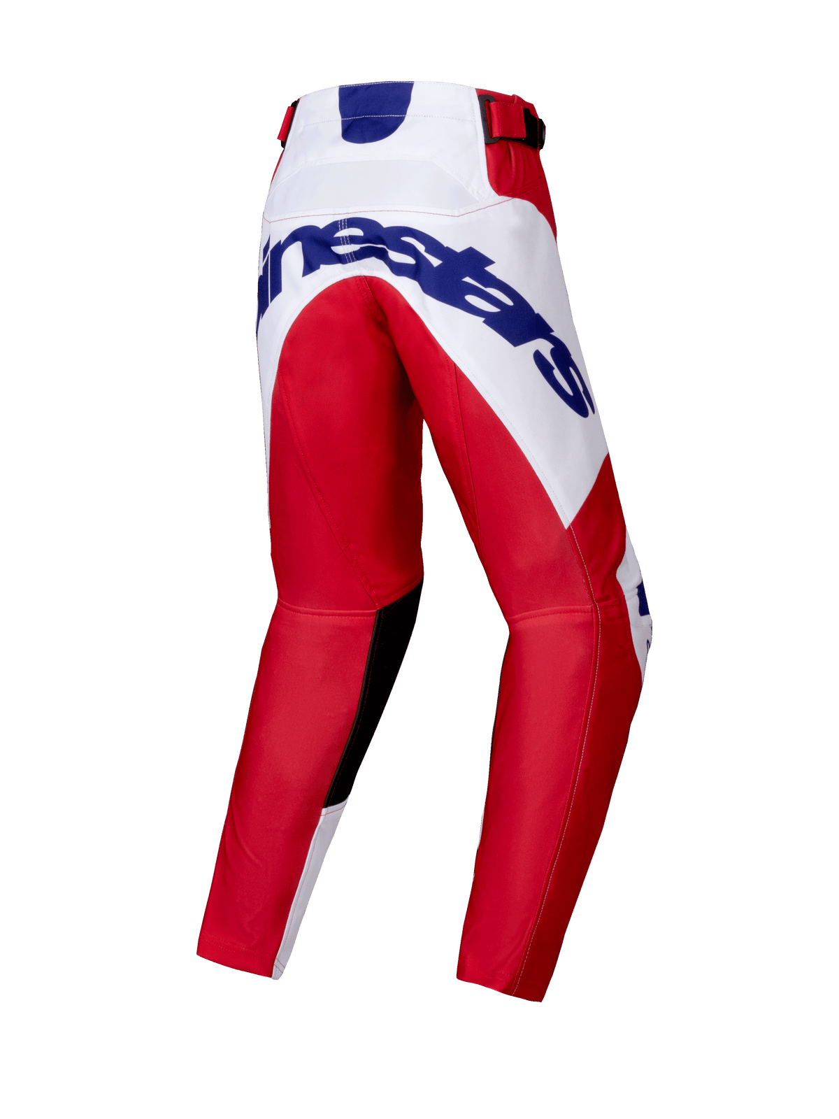 Alpinestars 2025 Youth Racer Veil Pants, Motocross Pants, Bright Red and White, rear view showing a large blue Alpinestars logo on the seat, pre-curved leg design, black inner knee panels, and ratchet waist closure.