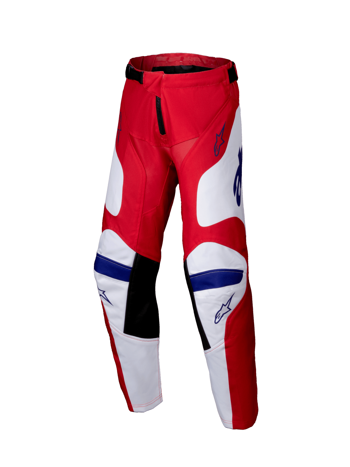 Alpinestars 2025 Youth Racer Veil Pants, Motocross Pants, Bright Red and White with Blue accents, featuring black inner knee panels, ergonomic pre-curved design, and durable polyfabric for off-road racing.