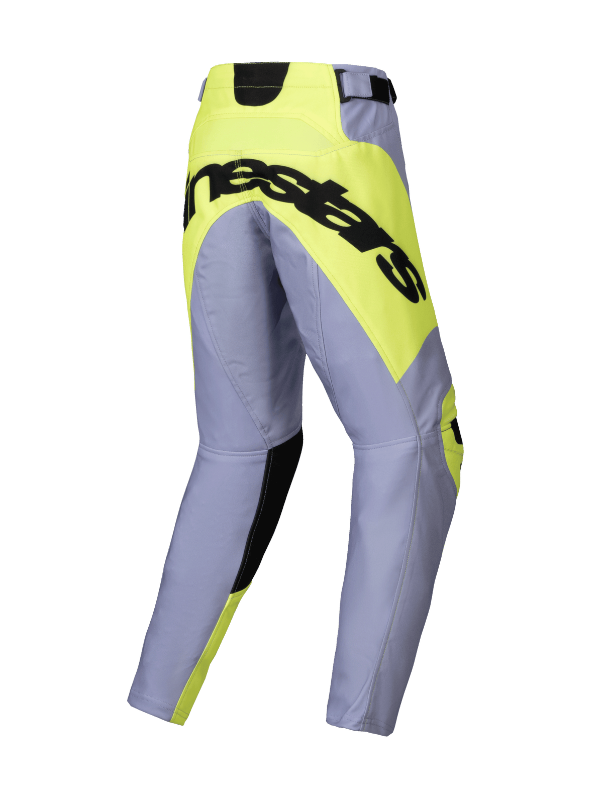 Alpinestars 2025 Youth Racer Veil Hose, Motocross-Hose, Grau und Gelb Fluo, Rückansicht mit markantem schwarzem Alpinestars-Logo auf neongelbem Gesäßpaneel, vorgeformte Beinkonstruktion für Offroad-Rennsport