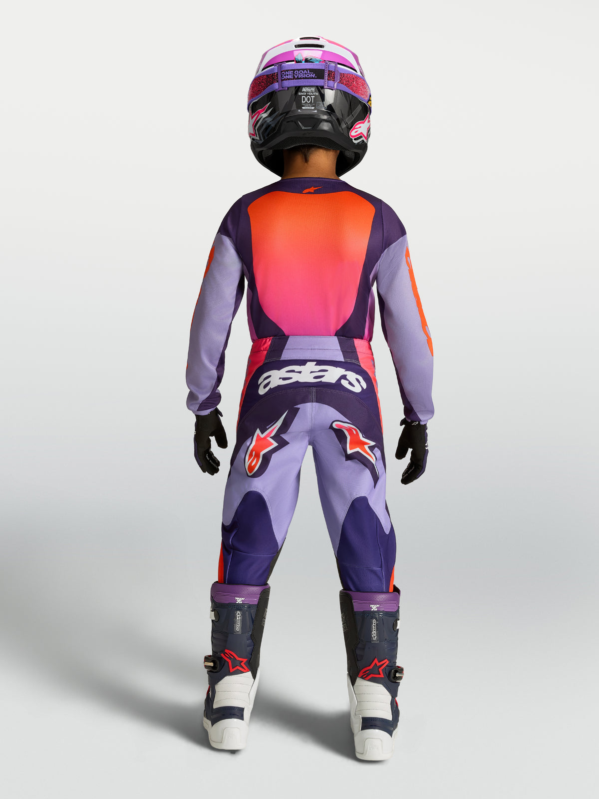 Alpinestars Youth Fluid Hunt Pants, Motocross Racing Gear, Youth, Purple and Pink, durable textile construction, back view.