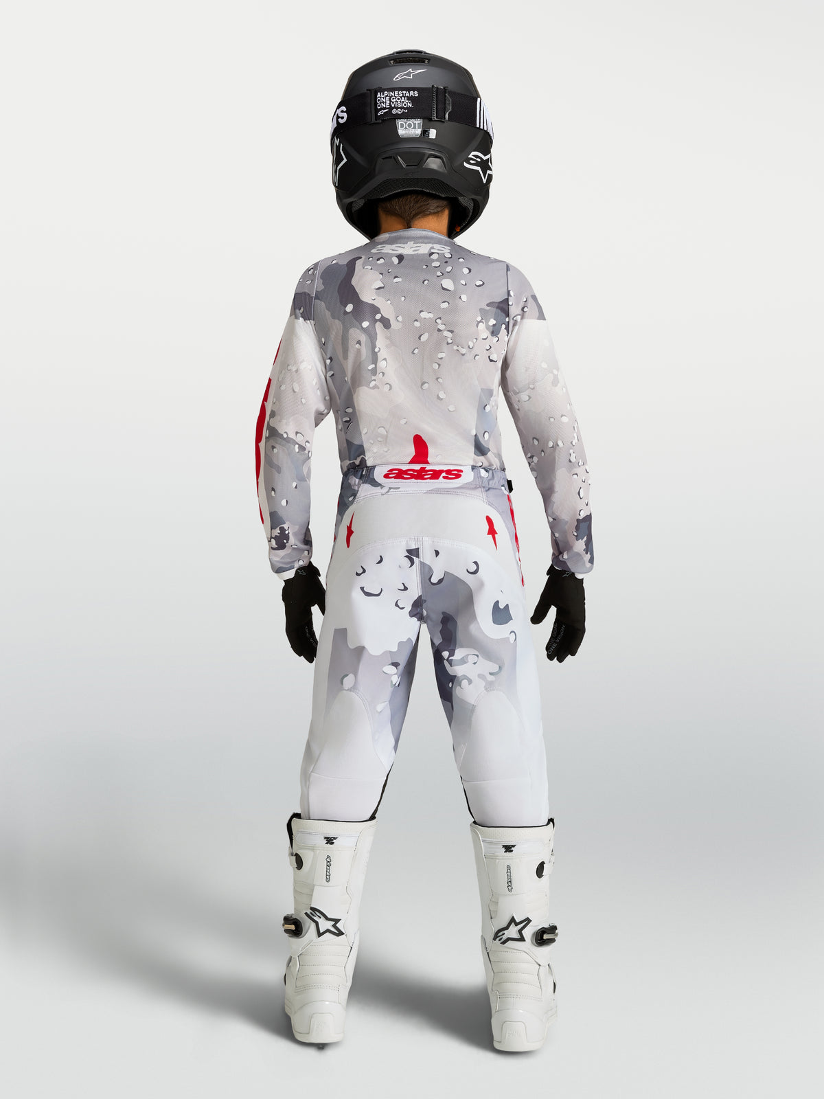 Alpinestars Fluid Jugend-Hose Lone, MX-Hose für junge Motocross-Fahrer, Grau Camo und Weiß, Rückansicht der Rennausrüstung.