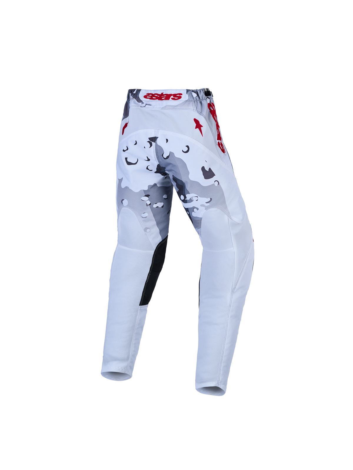 Alpinestars Youth Fluid Lone Pants, youth motocross gear in gray camo and white with red accents and reinforced seat.