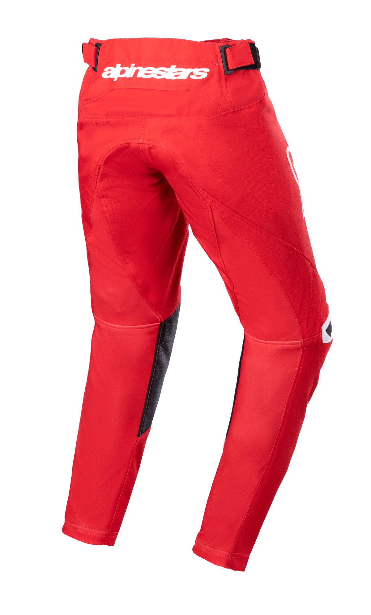 Alpinestars Youth 2023 Racer Narin Pants, Motocross Pants, Mars Red and White, Back view showing white Alpinestars branding on the rear waist, black leather inner leg panels, pre-curved ergonomic design for off-road riding