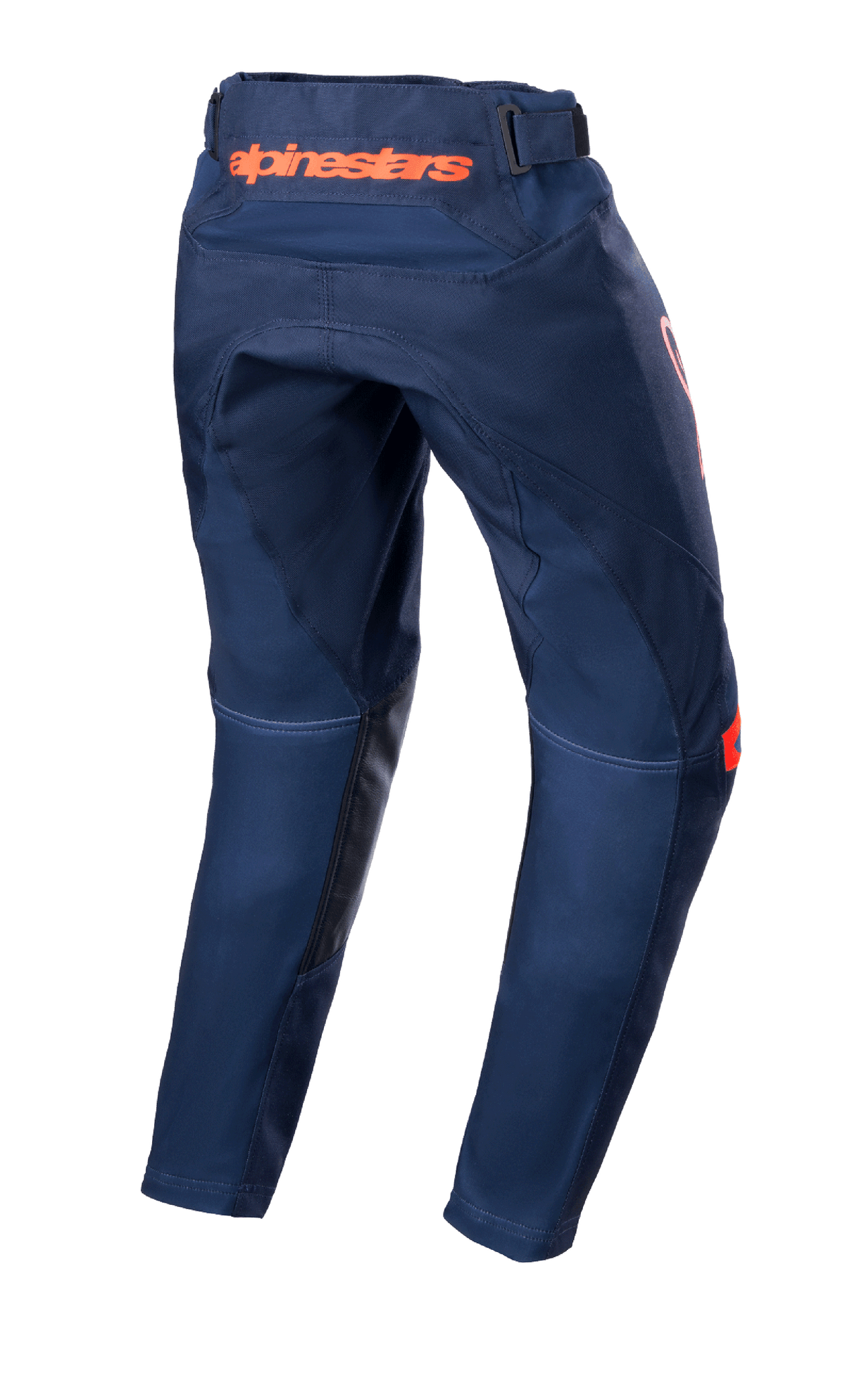 Alpinestars 2023 Youth Racer Narin Hose, Motocross-Hose, Night Navy und Hot Orange, Rückansicht mit orangefarbenem Alpinestars-Branding am Bund und schwarzen Lederverstärkungen an der Beininnenseite, strapazierfähiges Textildesign für das Geländefahren