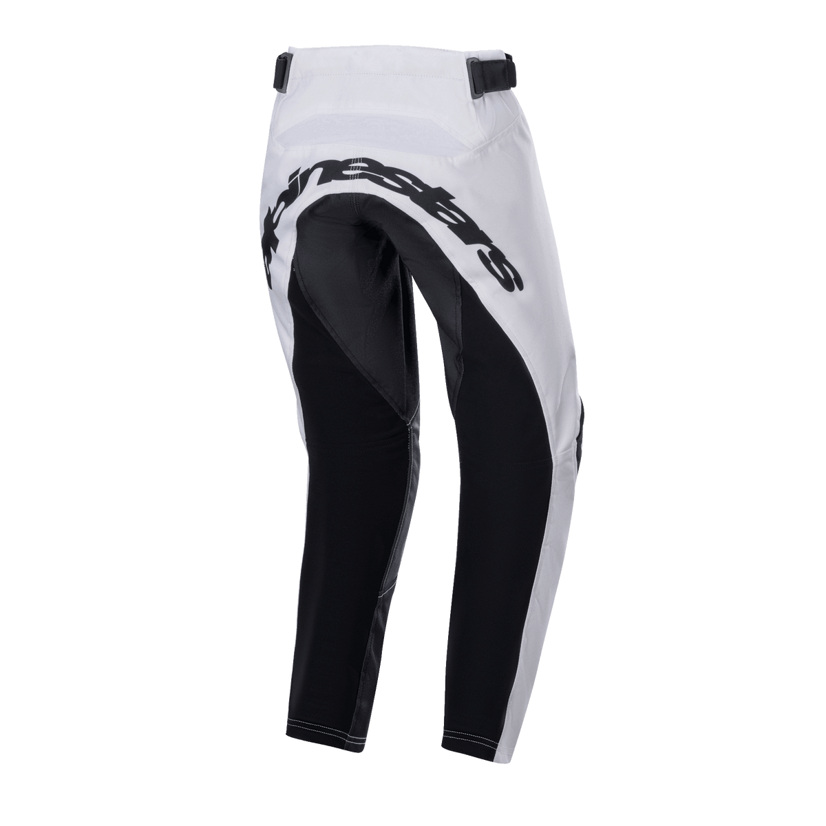 Alpinestars 2024 Youth Racer Lucent Hose, Motocross-Hose, Weiß und Schwarz, Rückansicht mit großen schwarzen verstärkten Einsätzen an Gesäß und Beininnenseiten, Alpinestars-Schriftzug auf der Rückseite und verstellbare Taillenriemen für den Gelände-Einsatz.
