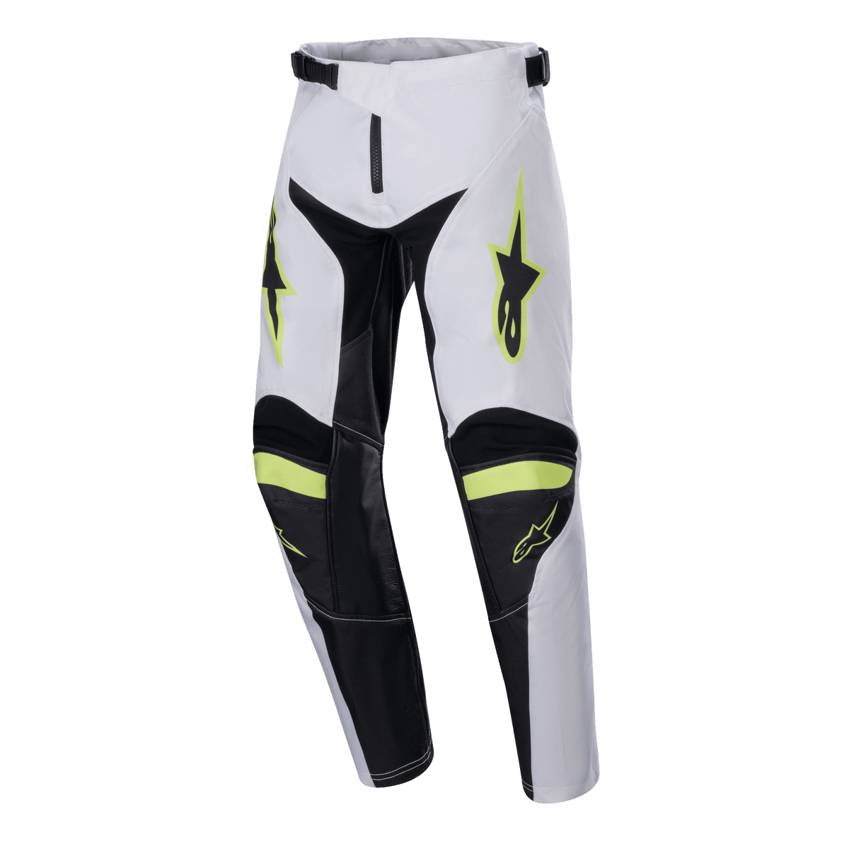 Alpinestars Youth 2024 Racer Lucent Hose, Motocross-Hose, Weiß, Schwarz und Fluo-Gelb, Stern-Logos an den Oberschenkeln, schwarze Einsätze an den Beininnenseiten und Knien, sportliches, vorgeformtes Design für Motocross-Performance