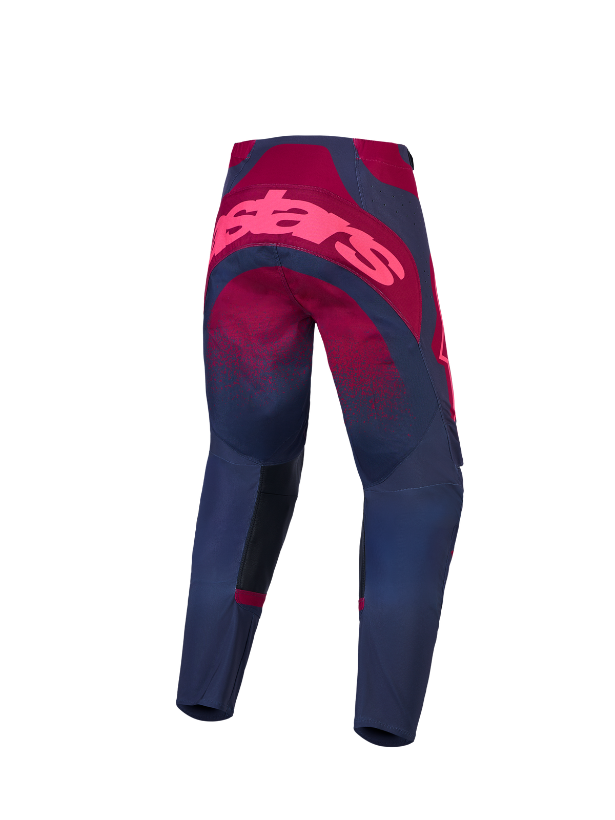 Alpinestars Stella Techstar Swan Hose und Gear Set, Damen-Motocross-Ausrüstung in Karmesinrot und Dunkelgrau, Rückansicht mit Rennschnitt.