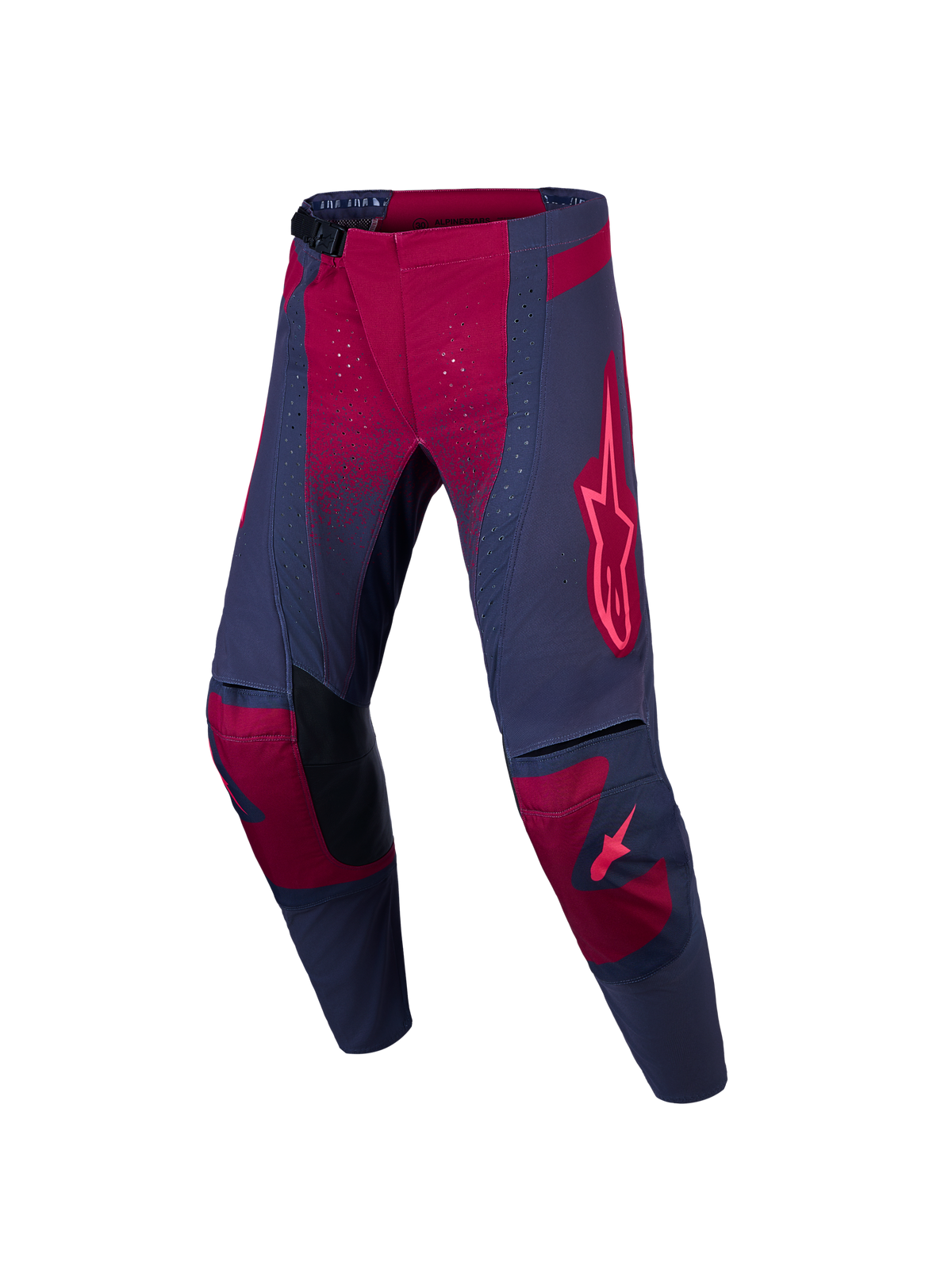 Alpinestars Stella Techstar Swan Hose, Damen-Motocross-Hose in Grau und Karminrot mit perforierten Belüftungszonen.