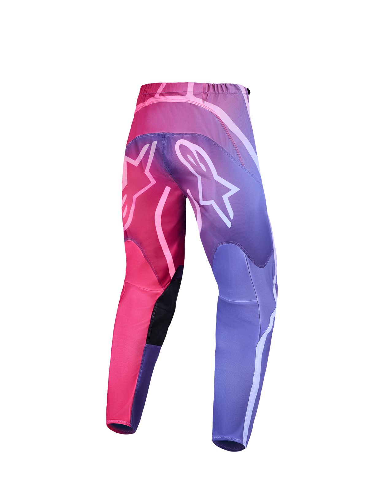 Alpinestars Stella Fluid Kepler Damen-Motocrosshose, Rückansicht mit Pink-Lila-Farbverlauf, weiße Astar-Logos, funktionale Offroad-Bekleidung.