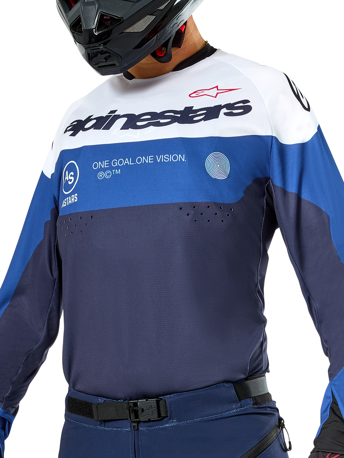 Alpinestars Pro-Dura Trikot, Enduro- und Motocross-Trikot, Navy, Hellblau und Weiß, sportliche Passform mit markantem Branding, strapazierfähige Textilkonstruktion für Offroad-Performance