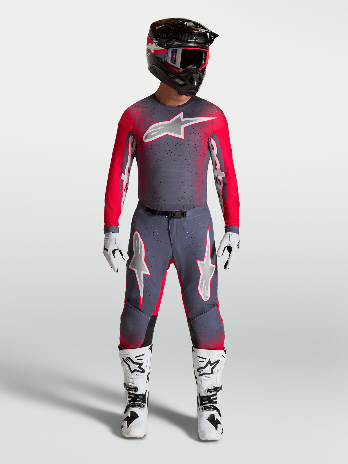 Alpinestars Supertech Hiten AFD Jersey in Graystone and Red Fluo, motocross racing gear with athletic fit and ventilated mesh.