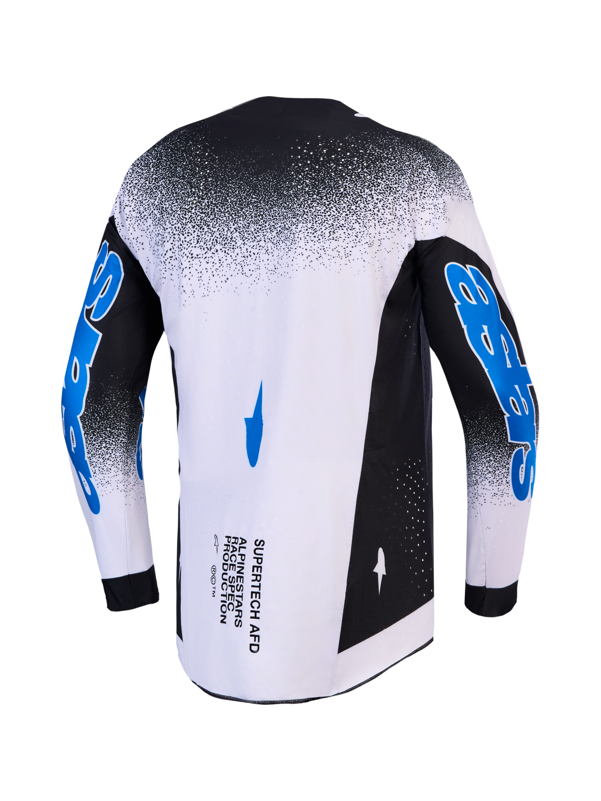 Alpinestars Supertech Hiten AFD Trikot, Motocross-Renntrikot für Herren, athletische Pro-Racing-Passform, Schwarz und Weiß mit blauen Ärmelgrafiken, Rückansicht mit lasergeschnittener Belüftung.