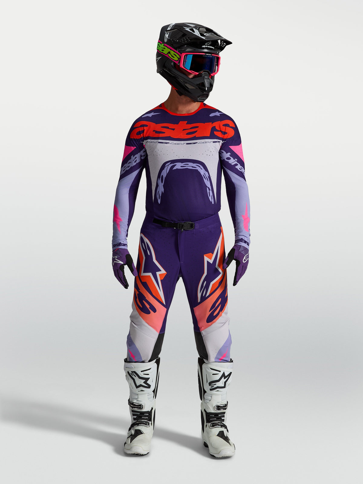 Alpinestars Supertech Dyna Jersey, Men's Motocross Racing Top, Light Violet and Deep Purple with Pink Fluo accents.