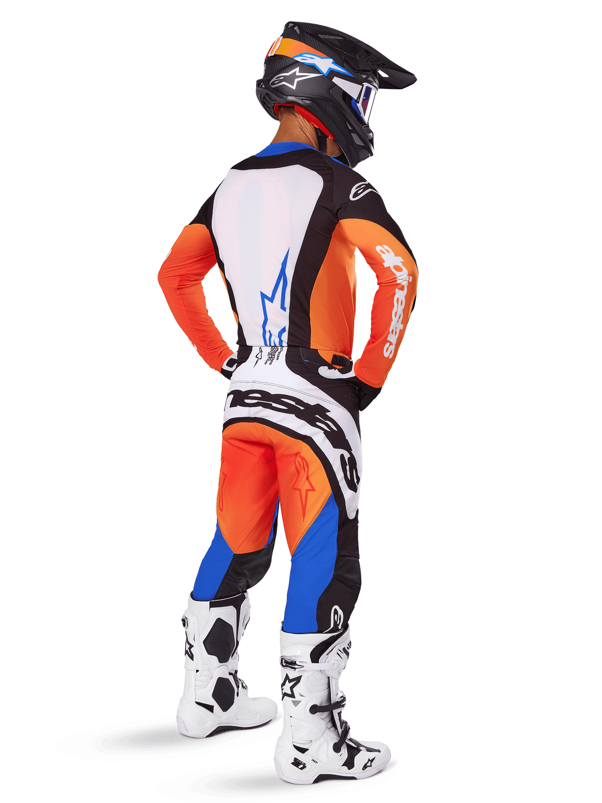 Motocross rider from a rear view wearing the 2025 Techstar Melt Gear Set, Orange and Blue jersey with white back panel and blue star logo, matching orange and blue pants with white Alpinestars branding, black helmet with blue graphics, and white motocross boots, coordinated off-road racing outfit.