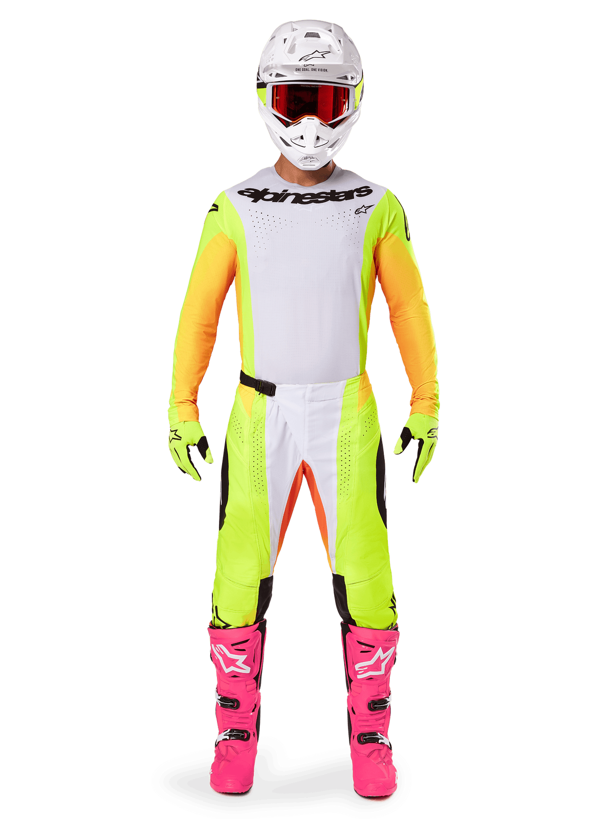 Alpinestars 2025 Techstar Melt Jersey, Motocross rider in full gear, white and yellow jersey with orange sleeves, matching yellow pants, bright pink boots, white helmet with red goggles, coordinated off-road racing kit