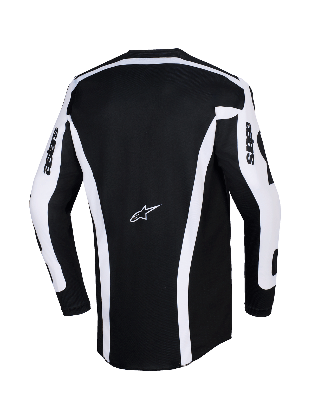 Alpinestars 2026 Racer Riway Trikot, Motocross-Trikot, Weiß und Schwarz, Rückansicht mit schwarzem Hauptteil, weißen vertikalen Streifen und Ärmelpartien, Astars-Logo mittig am Rücken, 'astars'-Schriftzug auf den Ärmeln, verlängerter Rückenbereich für optimale Abdeckung beim Offroad-Fahren