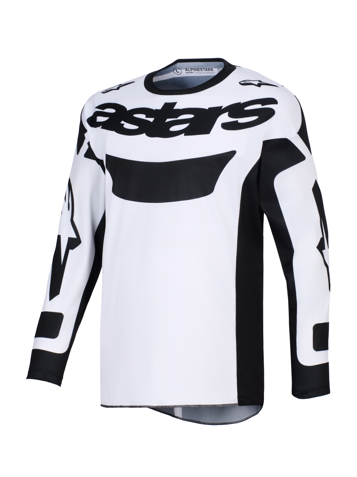 Alpinestars 2026 Racer Riway Trikot, Motocross-Trikot, Weiß und Schwarz, markantes schwarzes „astars“-Branding auf der Brust, feuchtigkeitsableitendes Polygewebe, ergonomische Rennpassform für den Offroad-Einsatz