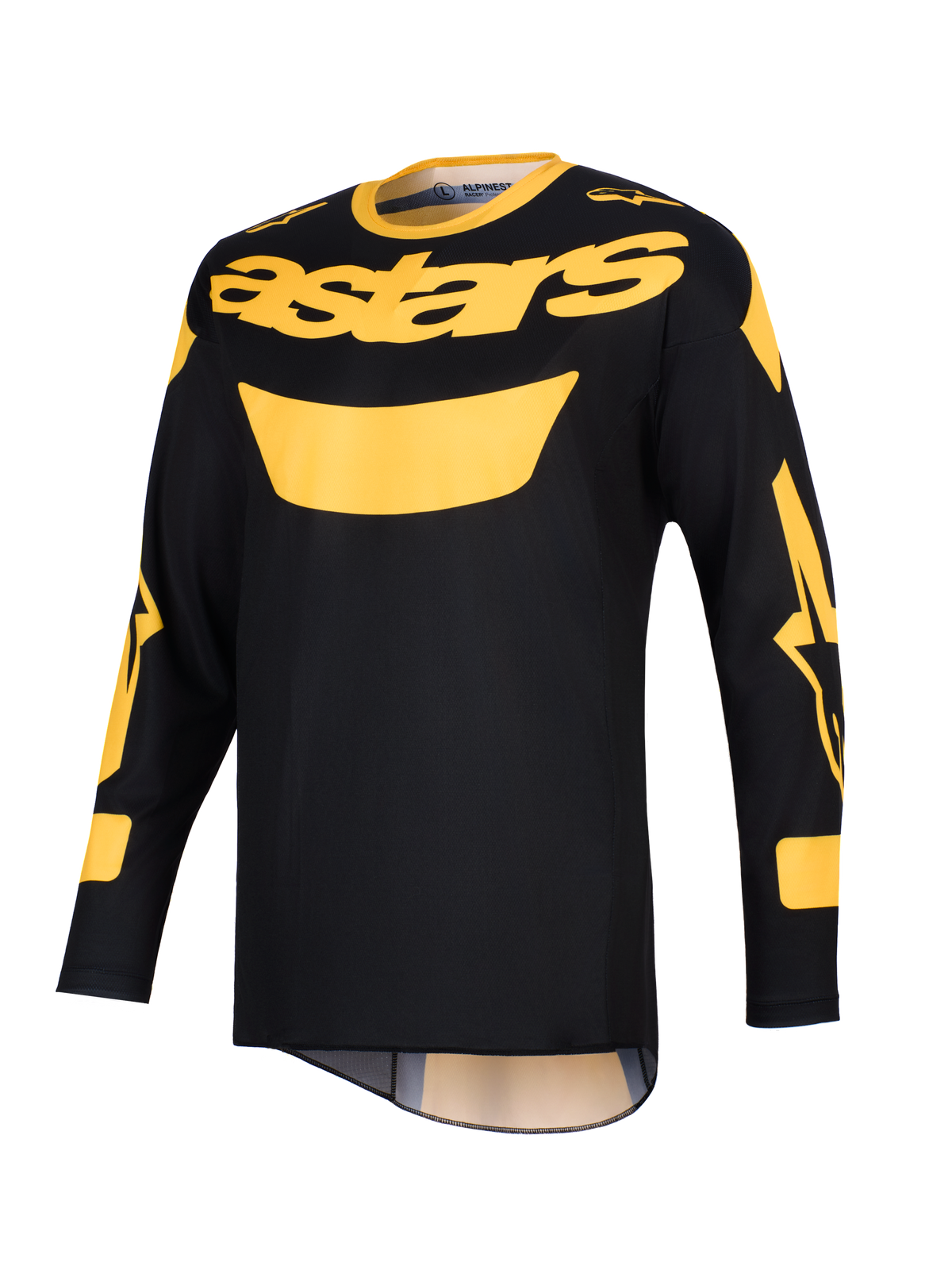 Alpinestars 2026 Racer Riway Jersey, Motocross Jersey, Yellow and Black, featuring a bold yellow 'astars' logo on the chest, long sleeves with graphic accents, and a lightweight polyfabric construction for off-road riding.