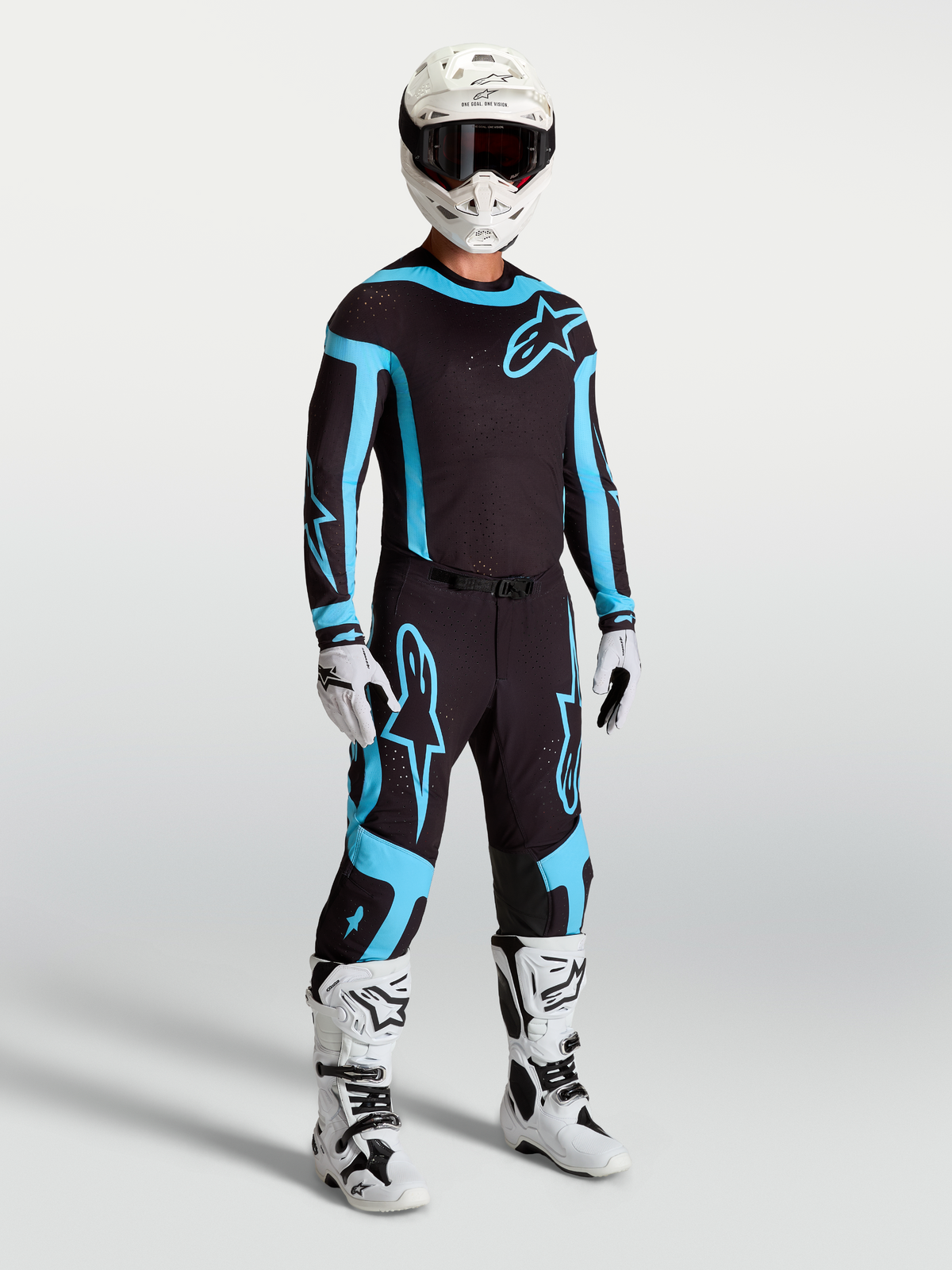 Alpinestars 2027 Supertech Vesta Jersey AND 2027 Supertech Vesta Gear Set, Men's Black and Turquoise Motocross Outfit.