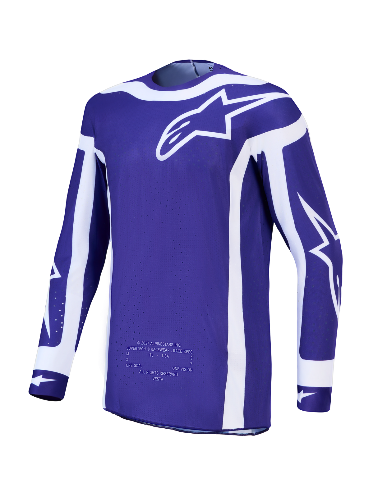 Alpinestars Supertech Vesta Trikot, Herren-Motocross-Renntrikot, Dunkelblau und Weiß, aus leichtem Stretch-Mesh.