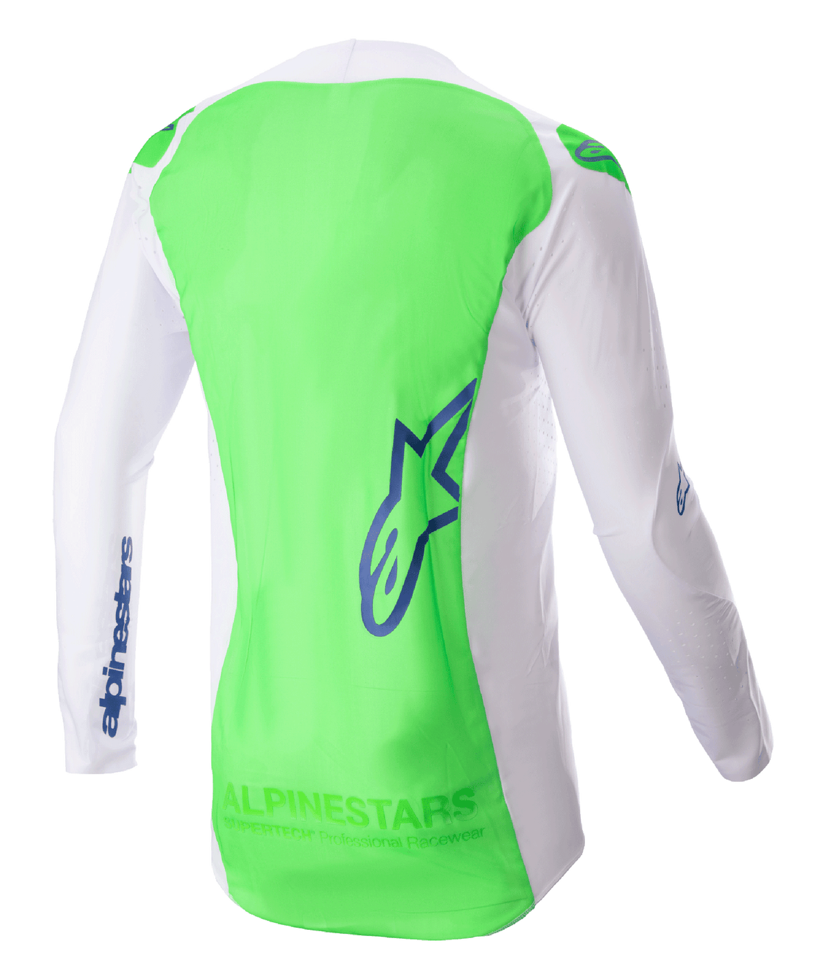 Alpinestars 2023 Supertech Risen Jersey, Motocross-Trikot, Weiß und Fluo-Grün mit Blue Ray Akzenten, Rückansicht mit atmungsaktivem Stretch-Mesh und verlängertem Rückenteil für optimale Abdeckung, leichte Performance-Ausrüstung für den Offroad-Rennsport
