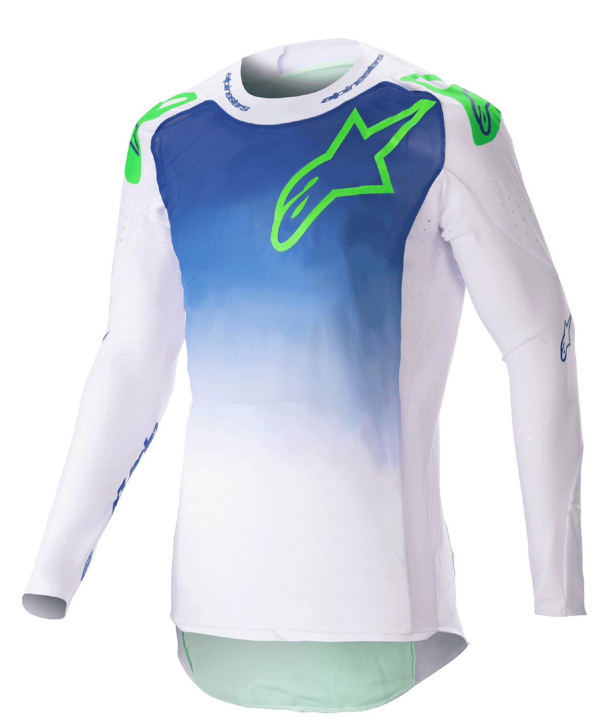 Alpinestars 2023 Supertech Risen Trikot, Motocross-Trikot, Blau und Weiß mit neongrünem Logo, Design mit Farbverlauf am Torso, perforierte Langarm-Ärmel, athletische Rennpassform, Offroad-Rennausrüstung