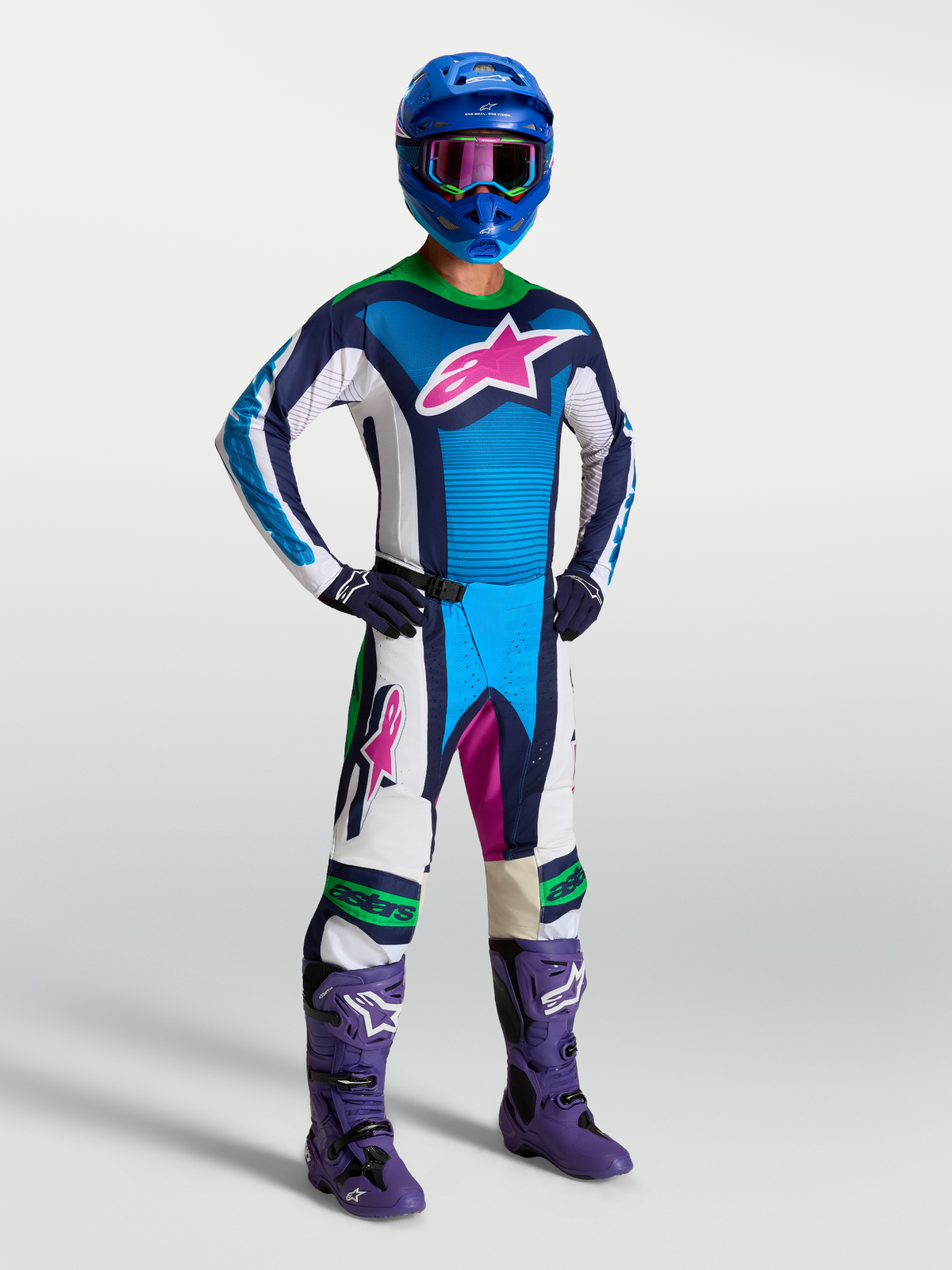 Alpinestars Techstar Maven Trikot, blau-weißes Motocross-Trikot mit athletischer Passform und feuchtigkeitsableitendem Stretchmaterial.