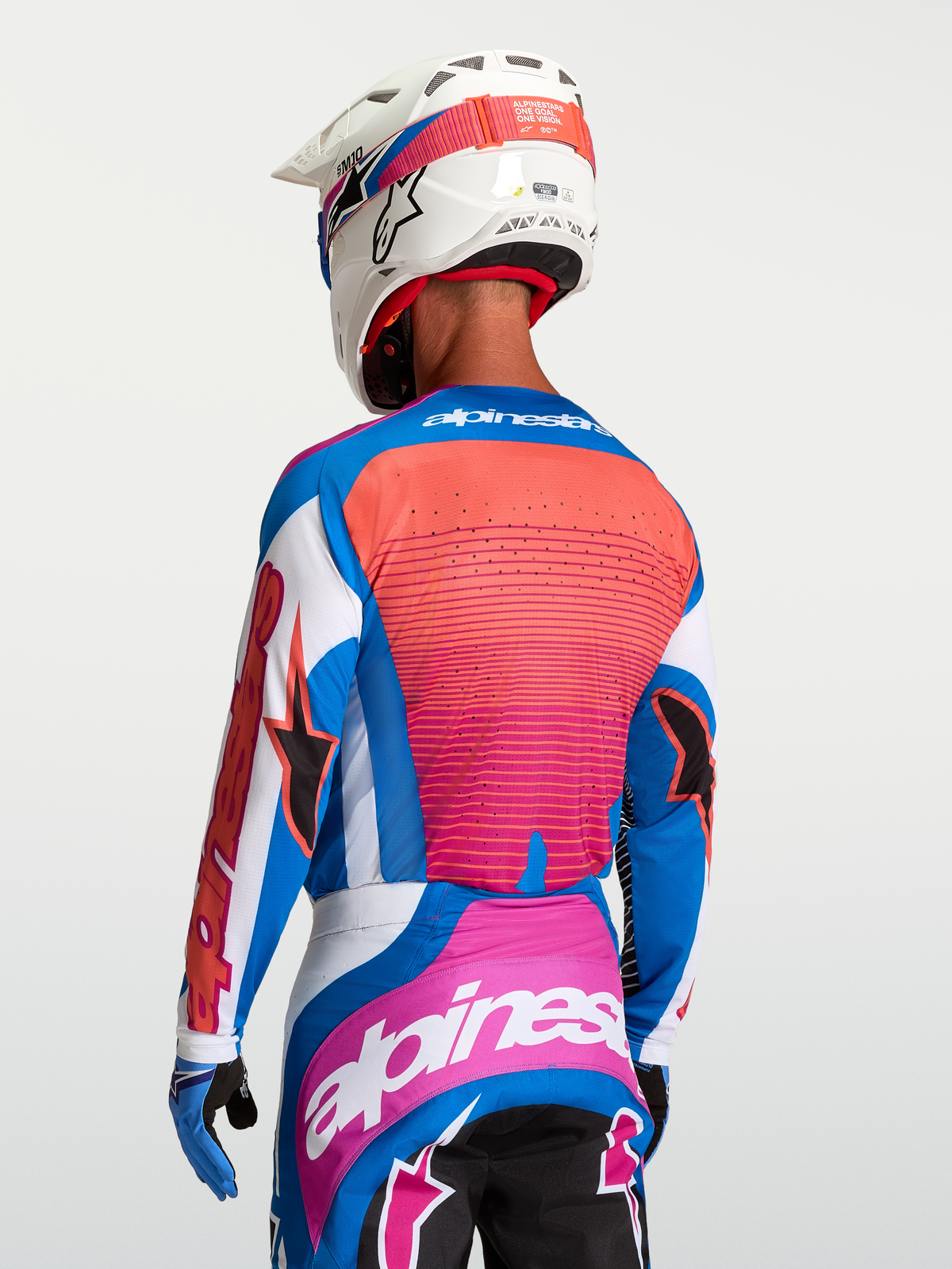 Alpinestars Techstar Maven Trikot für Herren, Rückansicht in Weiß und Blau mit Hot Coral Akzenten, Motocross-Design mit Perforationen.
