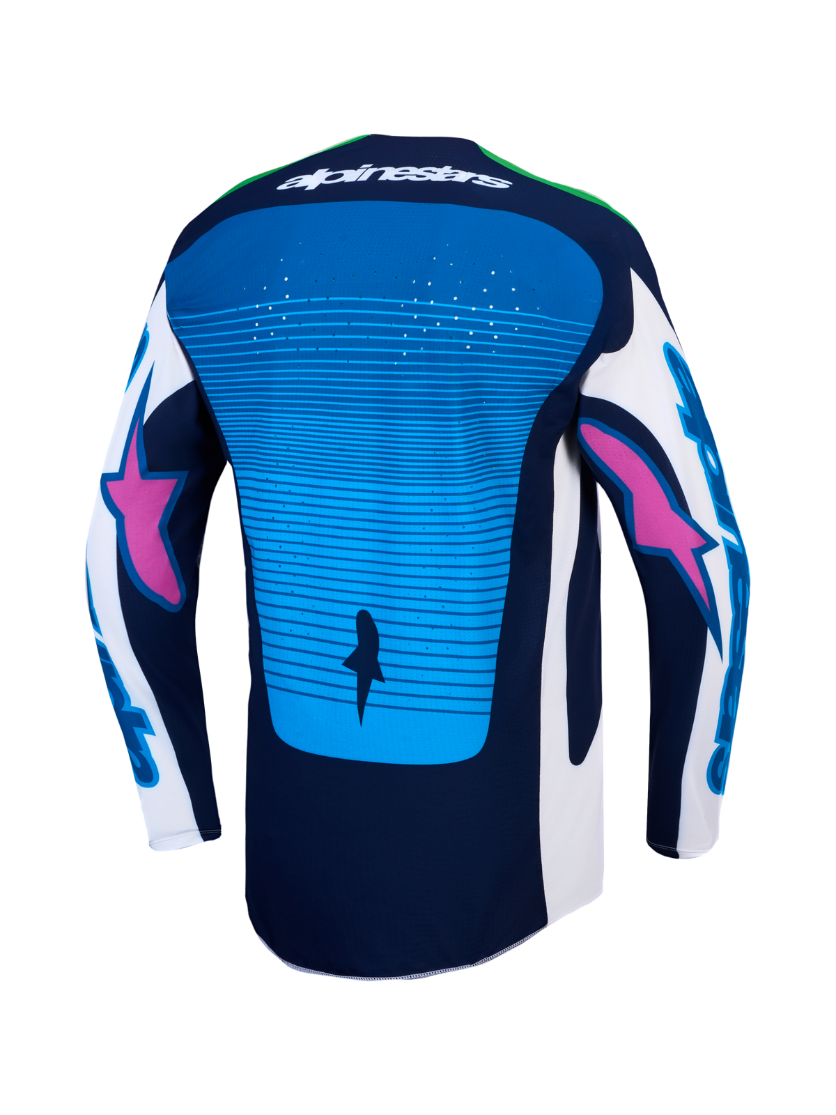 Alpinestars Techstar Maven Trikot, Motocross-Trikot, Blau und Marineblau, lasergeschnittene Belüftung, Rückansicht.