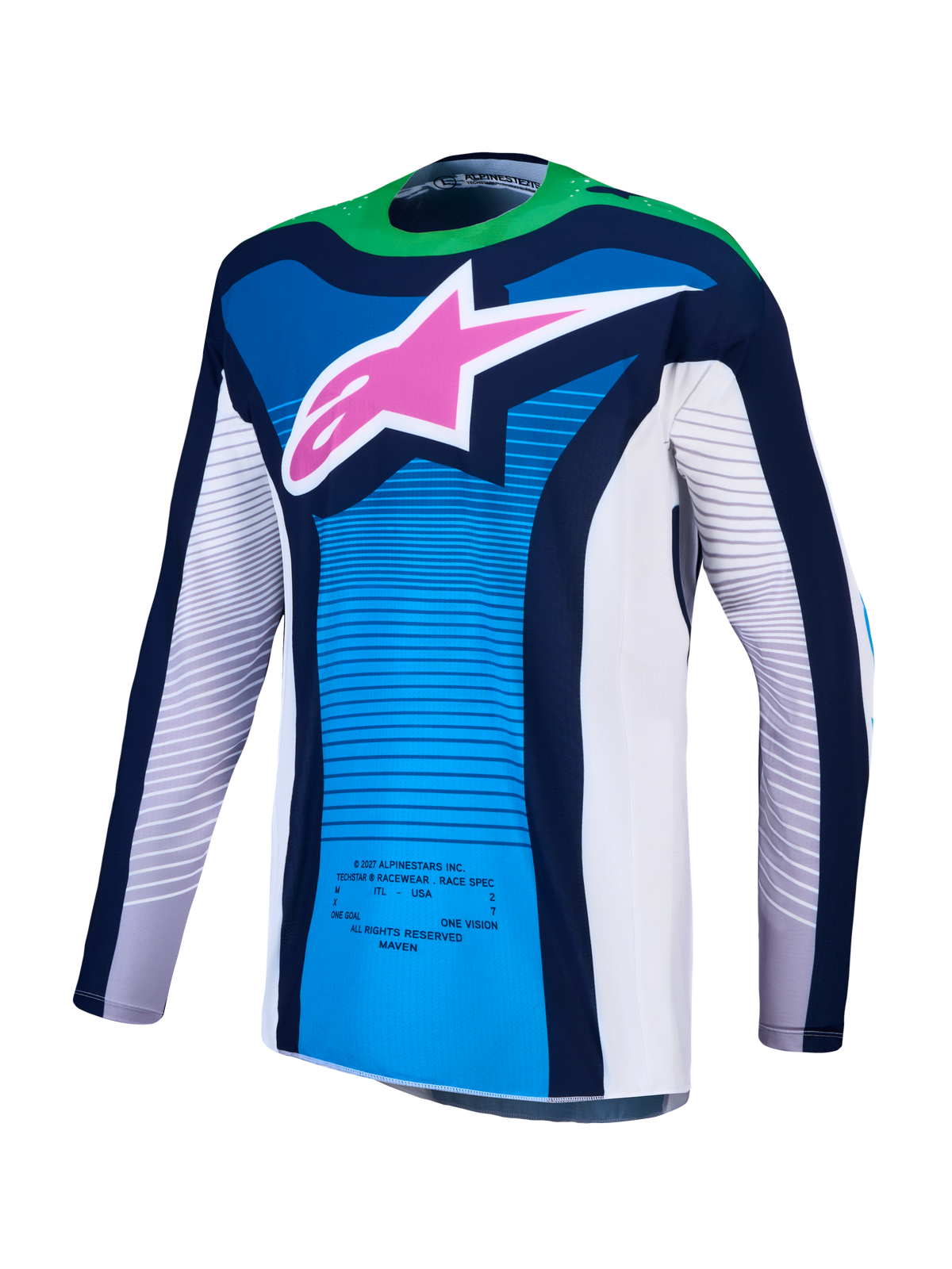 Alpinestars Techstar Maven Trikot und 2027 Techstar Maven Gear Set, Motocross-Trikot für Herren, Blau und Fluo-Grün mit pinkem Stern-Logo, athletische Rennpassform, feuchtigkeitsableitendes Gewebe.