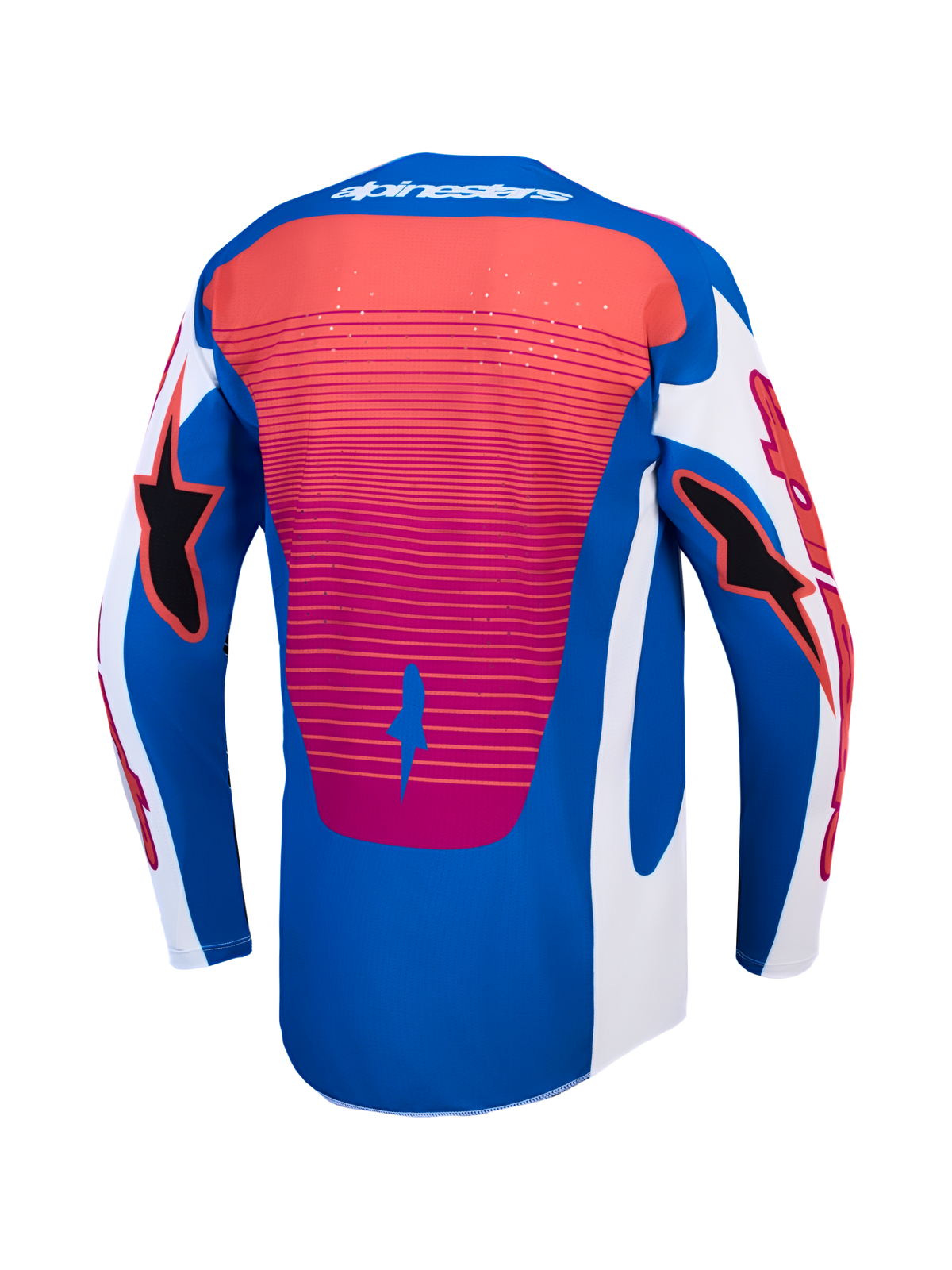 Alpinestars Techstar Maven Trikot, blau-weißes Motocross-Renntrikot mit Korallen-Akzenten und verlängertem Rückenteil.