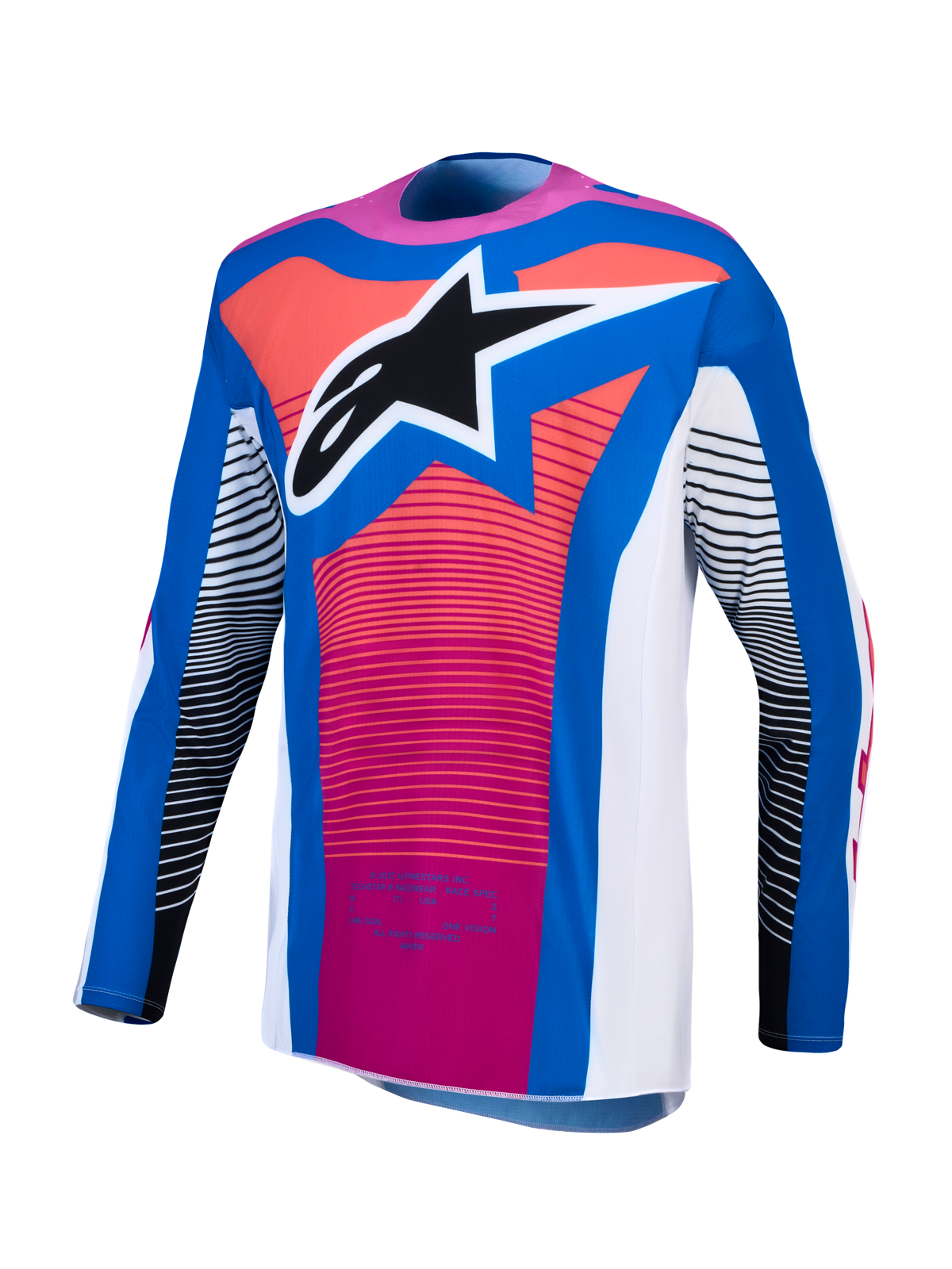 Alpinestars Techstar Maven Trikot, Motocross-Oberteil in Blau und Pink, athletische Passform mit Stern-Logo für Offroad-Rennsport.