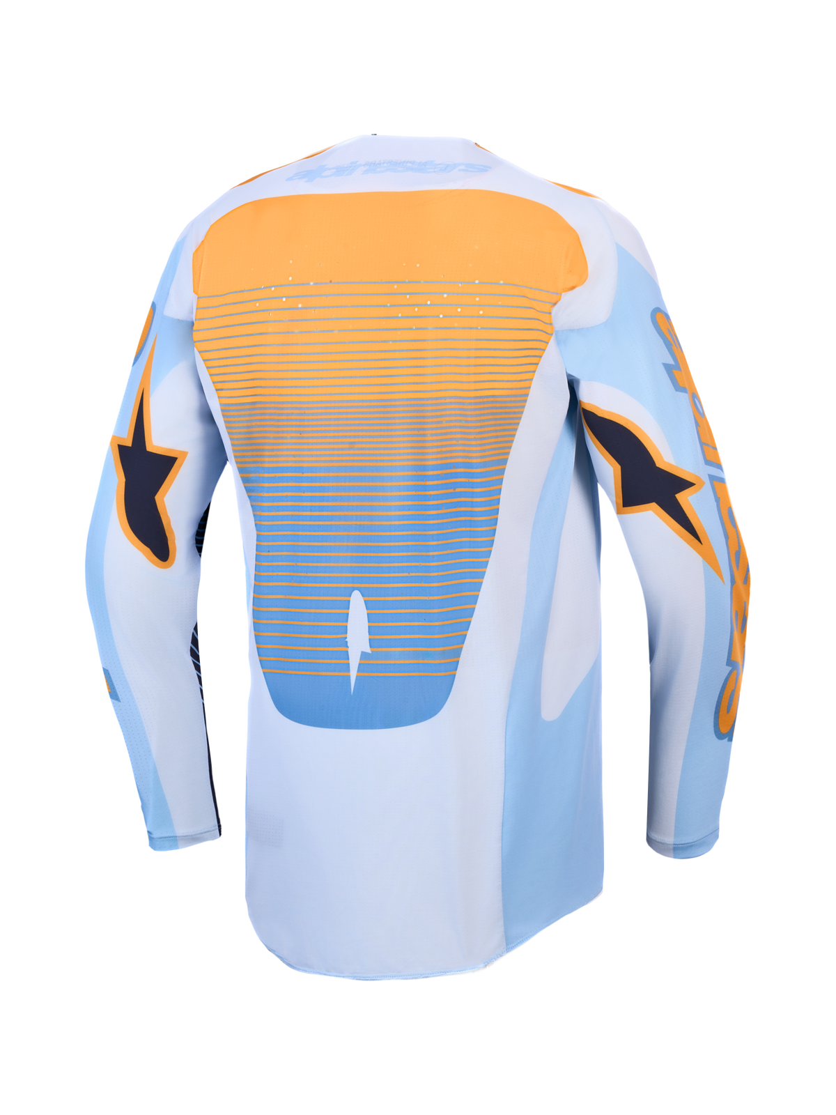 Alpinestars Techstar Maven Trikot, blau-orangefarbenes Motocross-Trikot mit Laser-Belüftung und verlängertem Rückenteil.