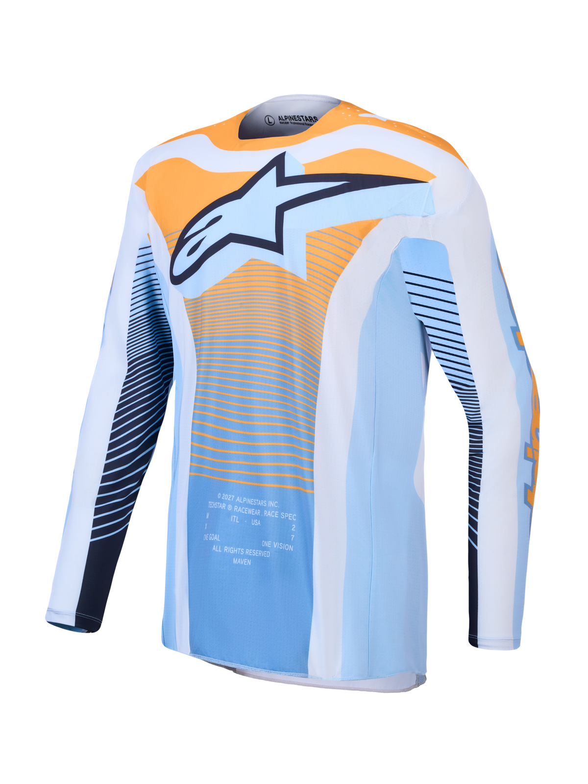 Alpinestars Techstar Maven Trikot, Motocross-Renntrikot in Staubblau und Tangerine mit athletischer Passform.