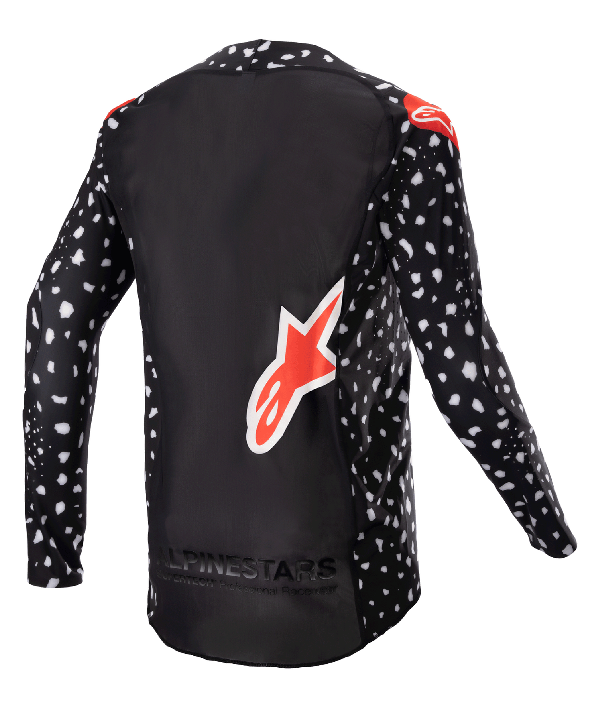 Alpinestars 2023 Supertech North Jersey, Motocross Jersey, Black with white speckled pattern and Neon Red accents, back view featuring large red Alpinestars logo and bottom branding, professional-level off-road racing gear.