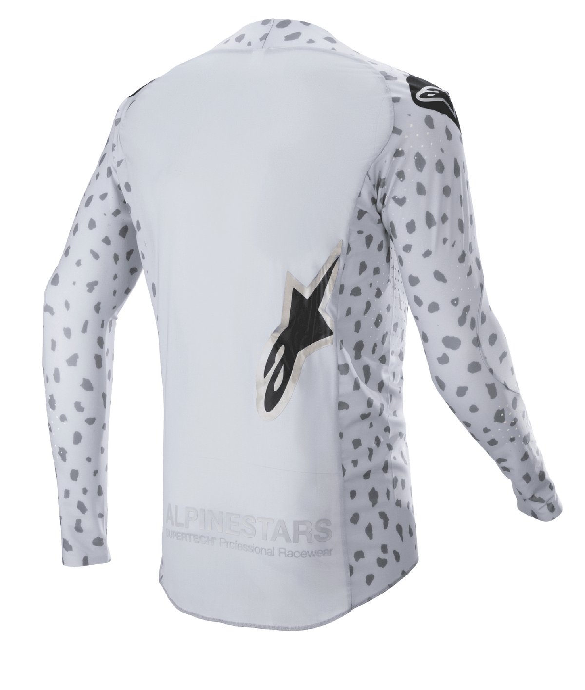 Alpinestars 2023 Supertech North Jersey, Motocross-Trikot, Haze Gray und Schwarz, Rückansicht mit abstraktem Punktmuster an Ärmeln und Seiten, großem Stern-Logo, verlängertem Rückenteil und atmungsaktiver Performance-Konstruktion