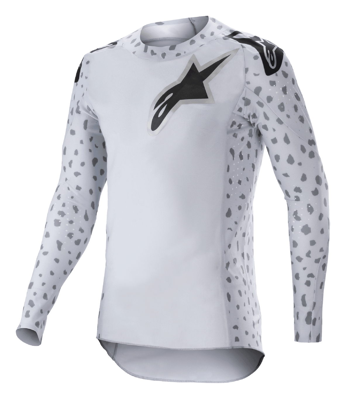 Alpinestars 2023 Supertech North Jersey, Motocross-Jersey, Haze-Grau und Schwarz, weißes Langarm-Jersey mit grauem Fleckenmuster an den Ärmeln und Seiten, schwarzes Stern-Logo auf der Brust und den Schultern, Performance-Stretch-Mesh mit abgerundetem Saum