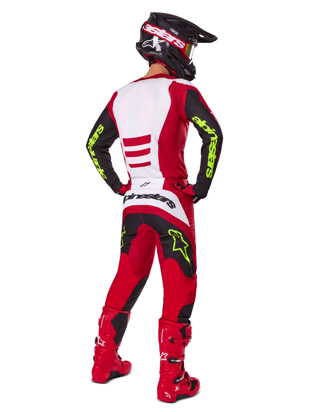 Alpinestars 2025 Fluid Haul Trikot und Bekleidungsset, Motocross-Ausrüstung für Herren, Rot und Schwarz mit neongelben Akzenten, Rückansicht in professioneller Offroad-Rennausrüstung.