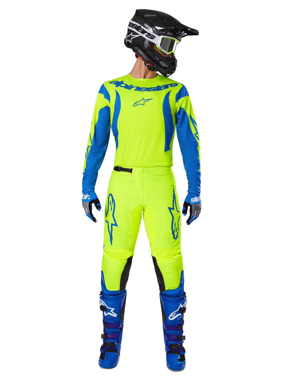 Alpinestars 2025 Fluid Haul Gear Set, Motocross Jersey and Pants, Yellow Fluo and Blue, worn with matching blue boots and a black helmet, featuring bold Astars logos and an athletic ergonomic cut for off-road racing.