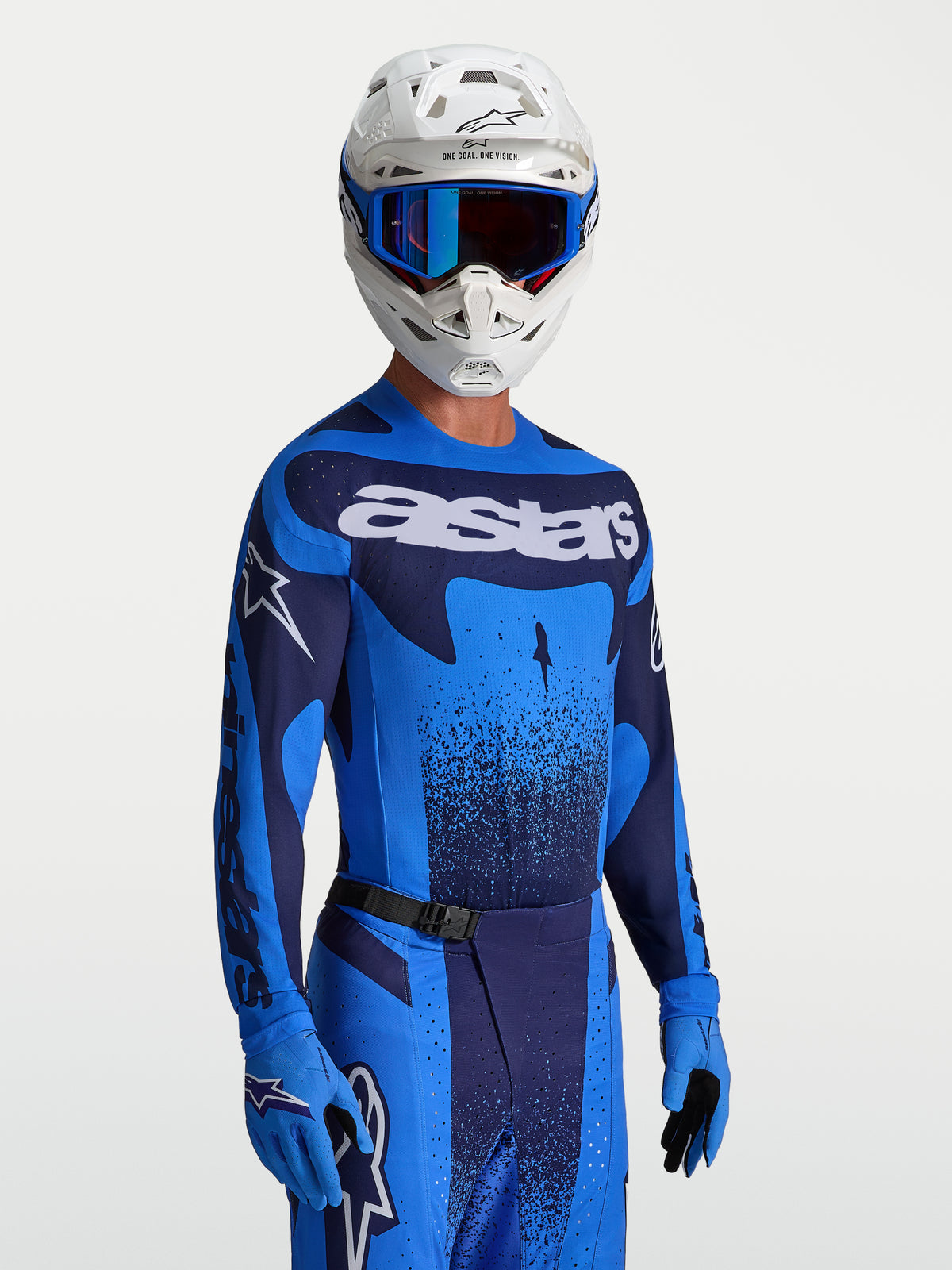 Alpinestars Techstar Swan Trikot, Herren-Motocross-Trikot, Blau und Dunkelblau, athletische Rennpassform mit laserperforierter Belüftung.