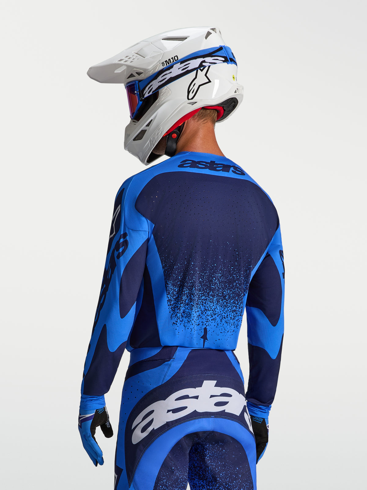 Alpinestars Techstar Swan Trikot, Herren Motocross-Bekleidung, Blau und Dunkelblau, laserperforierte Belüftung, Rückansicht.