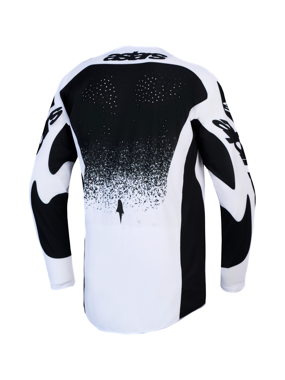 Alpinestars Techstar Swan Trikot, Motocross-Renntrikot für Herren, Schwarz und Weiß, Rückansicht mit Laserperforationen zur Belüftung und verlängertem Saum.