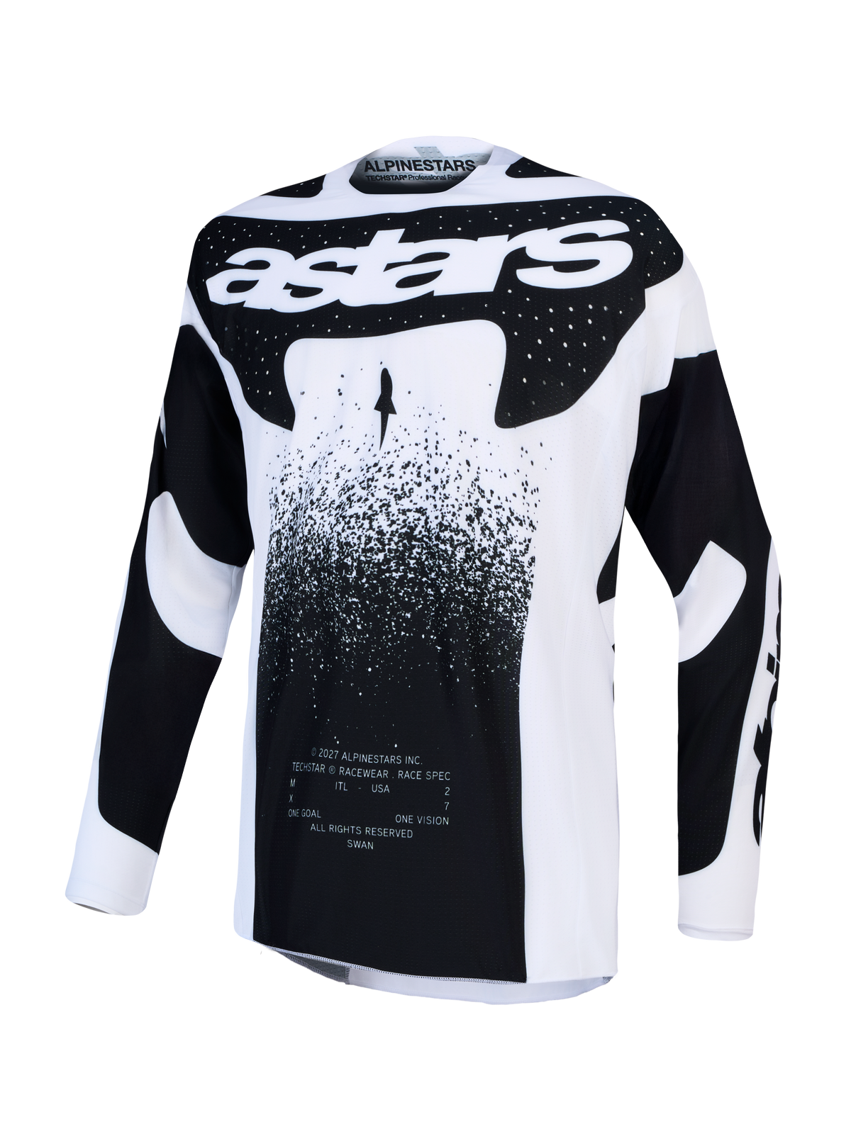 Alpinestars Techstar Swan Trikot, Herren-Motocross-Renntrikot, Schwarz und Weiß, aus leichtem Stretchmaterial.