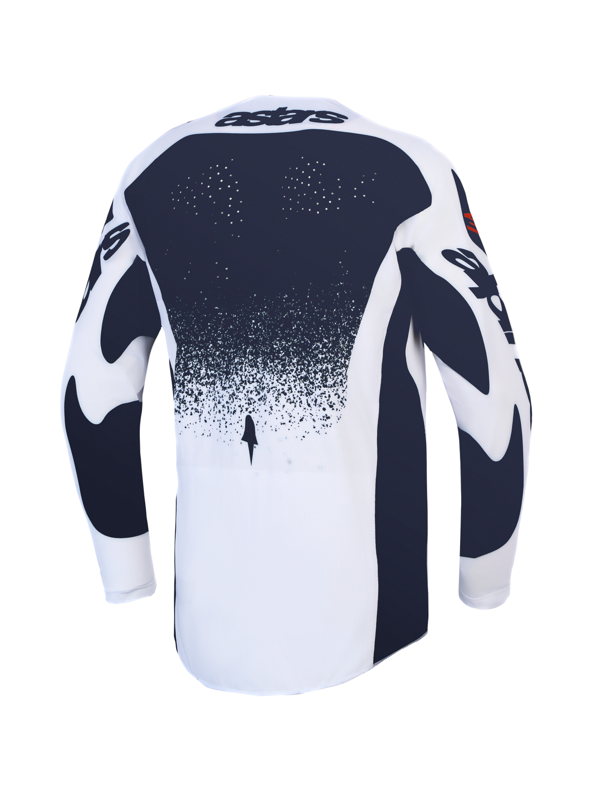 Alpinestars Techstar Swan Trikot, Motocross-Oberteil in Weiß und Dunkelgrau, Rückansicht mit Laserperforationen und athletischer Rennpassform.